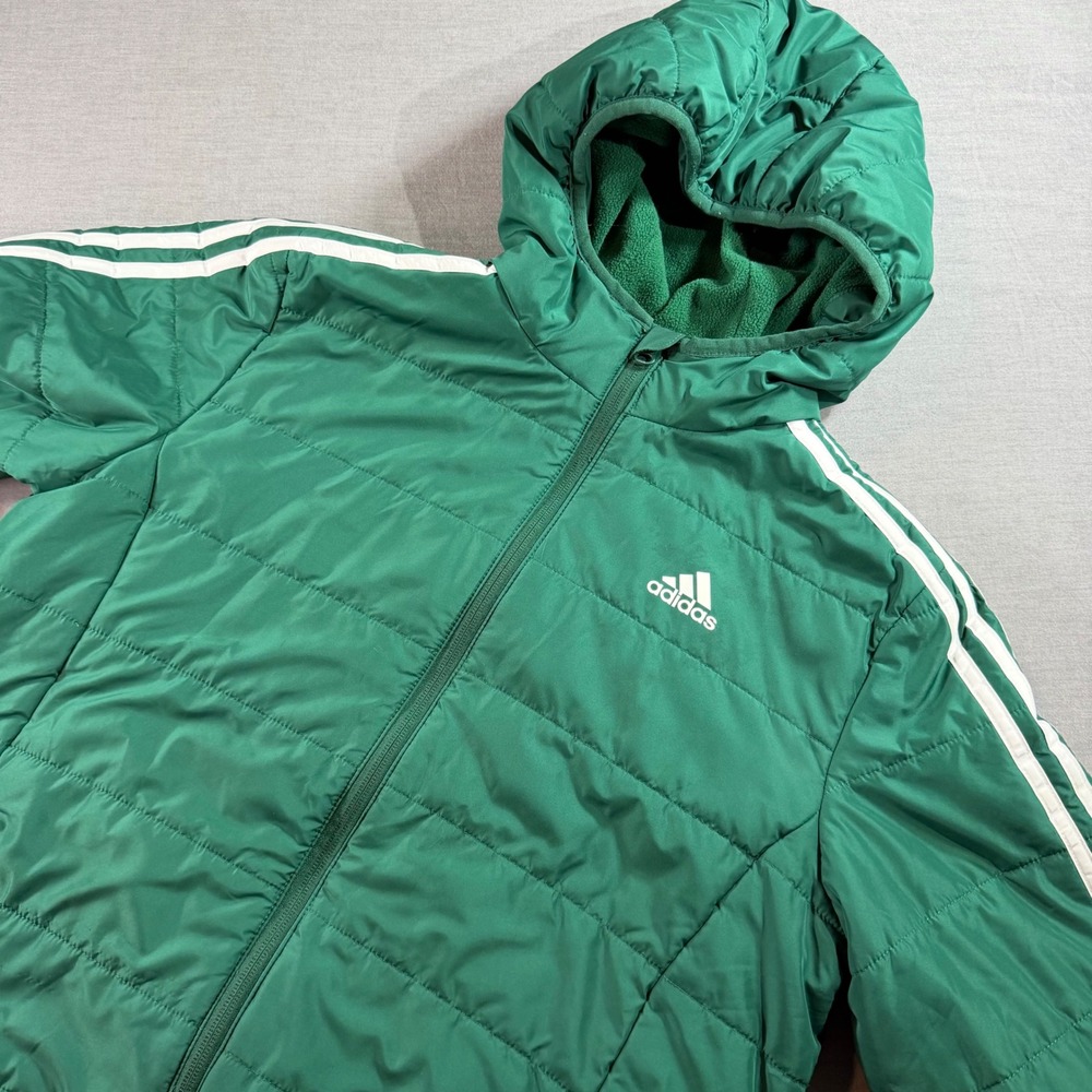 Adidas Puffer Jacket Youth Large Green Excellent Hooded‎ 3-Stripe Quilted Coat